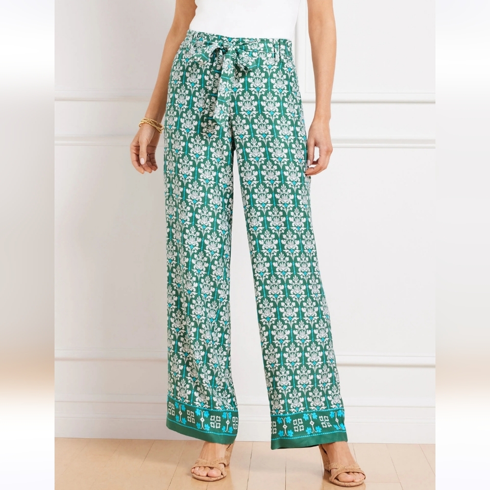 Talbots Damask Bouquet Wide Leg Belted Waist Pants